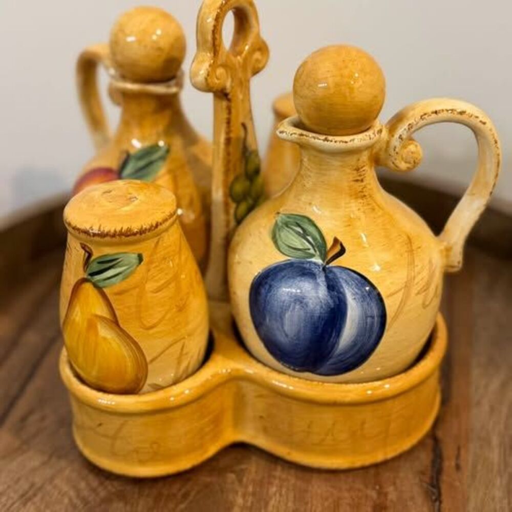 5-Piece El Camino Ceramic Cruet Condiment Set - Oil Vinegar Salt Pepper Caddy